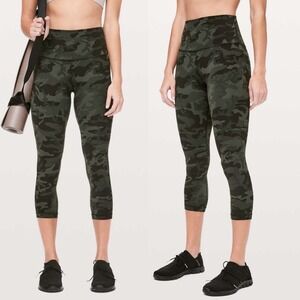 Lululemon Align High Rise Crop 21 Camo Yoga Pants 4 S Green Black Athleisure‎